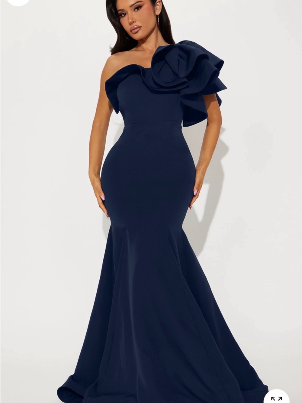 Fashion Nova Navy One-Shoulder Ruffle Mermaid Gown ONLY WORN 1 time!!!